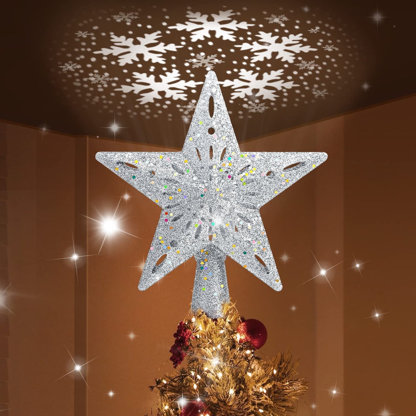 🎀Lighted Star Tree Topper with 3D Rotating Snowflake Projector