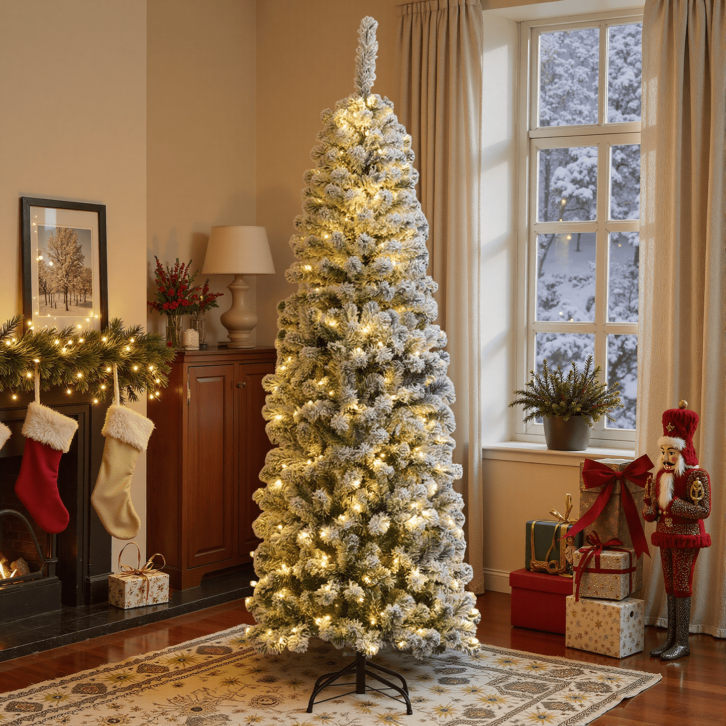 🎀Pre-lit Snow Flocked Artificial Pencil Christmas Pine Tree