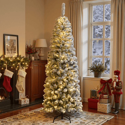 🎀Pre-lit Snow Flocked Artificial Pencil Christmas Pine Tree