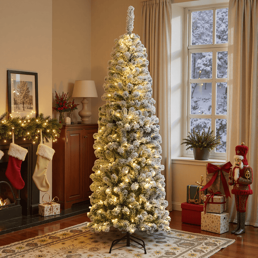 🎀Pre-lit Snow Flocked Artificial Pencil Christmas Pine Tree