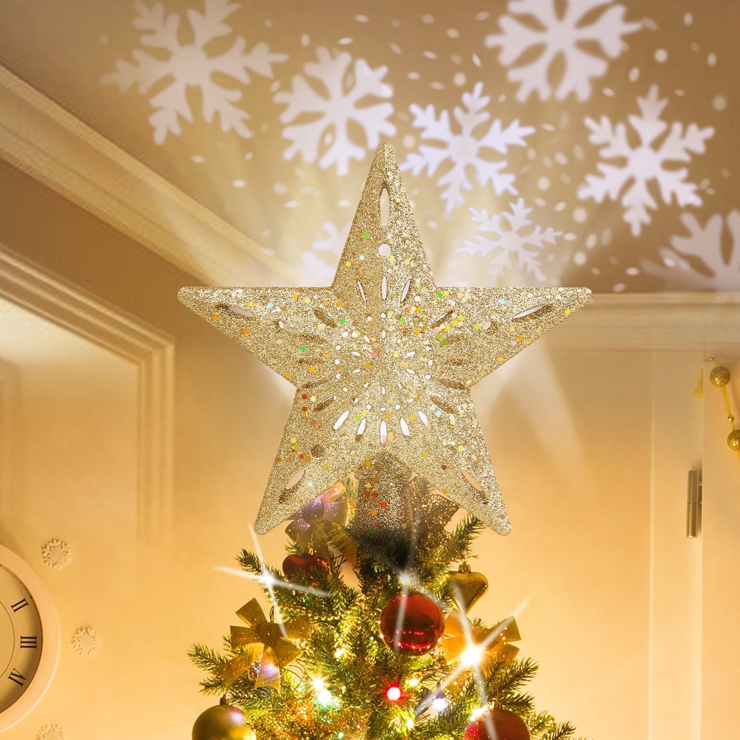 🎀Lighted Star Tree Topper with 3D Rotating Snowflake Projector