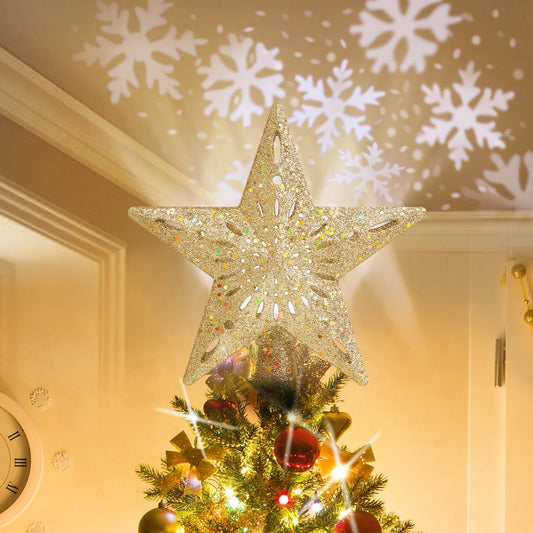 🎀Lighted Star Tree Topper with 3D Rotating Snowflake Projector
