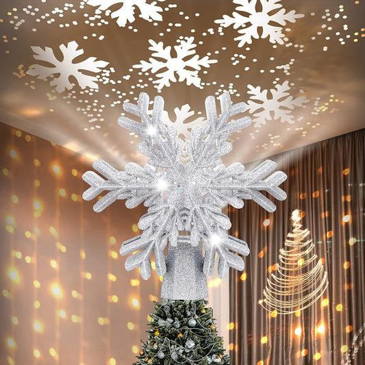 🎀3D Rotating Snowflake LED Tree Topper – 9.6" Silver