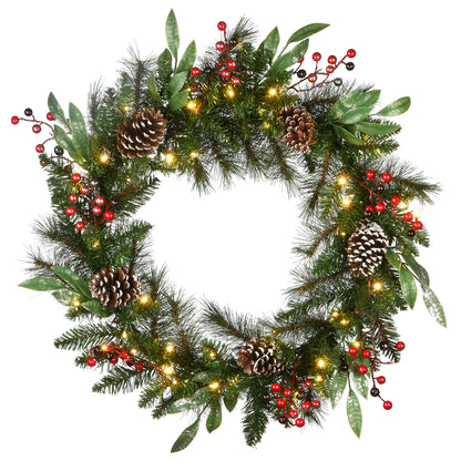 🎀Pre-Lit Frosted Pine Berry Artificial Christmas Wreath - LED Lights Battery Operated