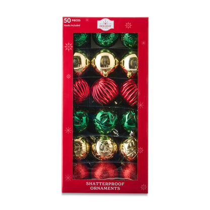 🎀50-Count Red/Green/Gold Shatterproof Ball Christmas Ornaments, by Holiday Time