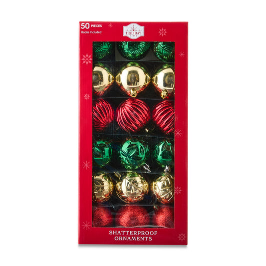 🎀50-Count Red/Green/Gold Shatterproof Ball Christmas Ornaments, by Holiday Time
