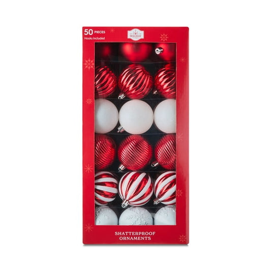 🎀50-Count Red and White Shatterproof Christmas Ornaments, by Holiday Time