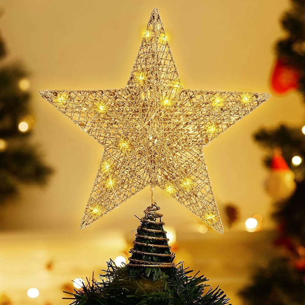 🎀Gold Star Christmas Tree Topper, 12" LED Lighted