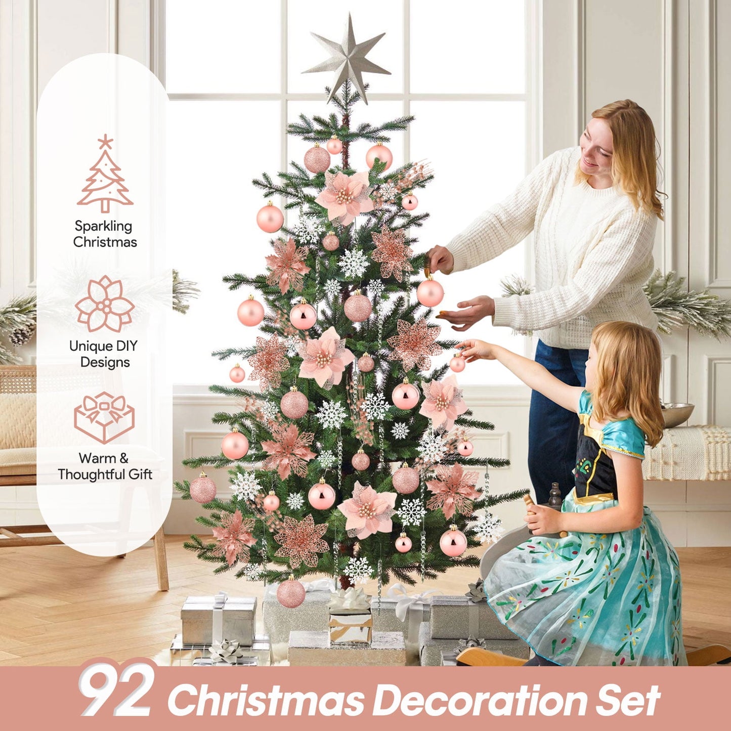 🎀Ayieyill 92pcs Christmas Ornaments with Poinsettia & Glitter Berries