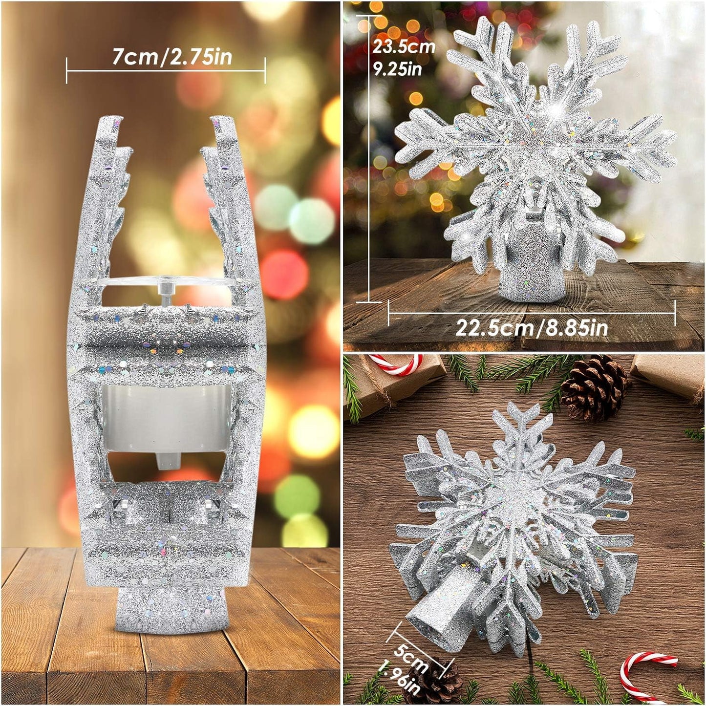 🎀3D Rotating Snowflake LED Tree Topper – 9.6" Silver