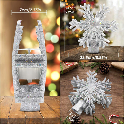 🎀3D Rotating Snowflake LED Tree Topper – 9.6" Silver