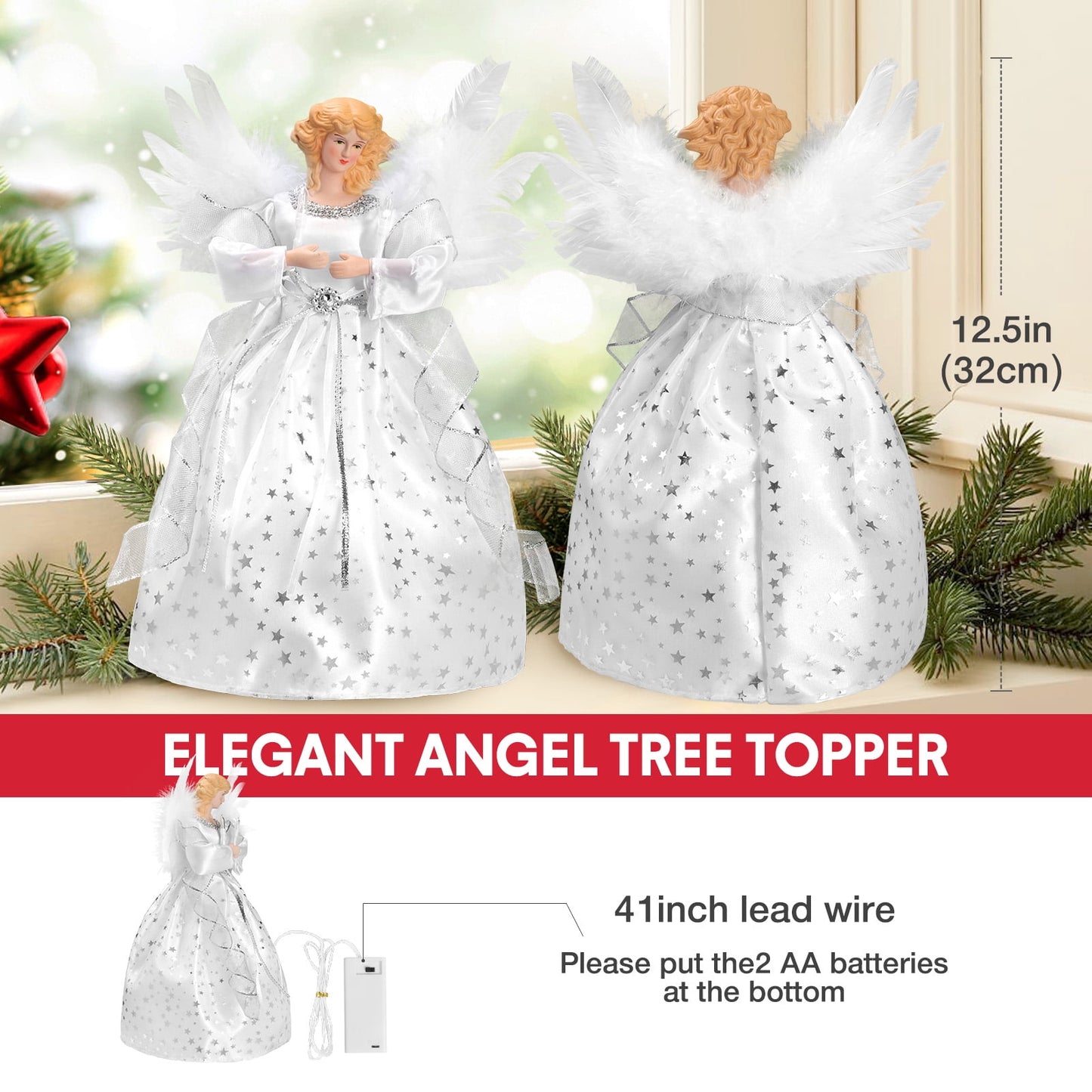 🎀Angel Treetop Decoration, Lighted, 12" Silver