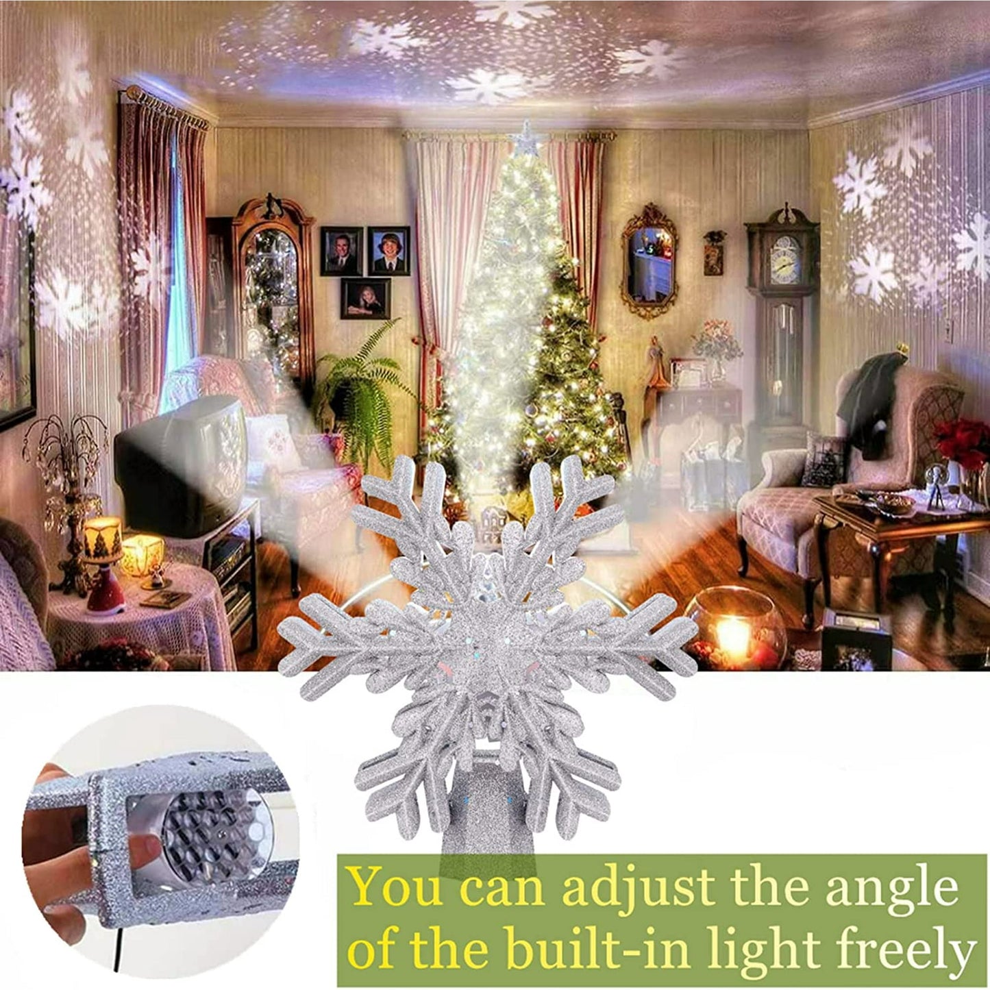 🎀3D Rotating Snowflake LED Tree Topper – 9.6" Silver