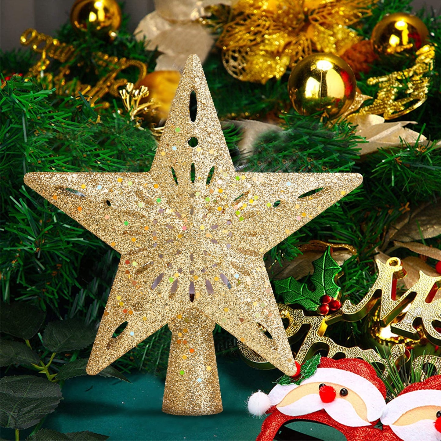 🎀Lighted Star Tree Topper with 3D Rotating Snowflake Projector
