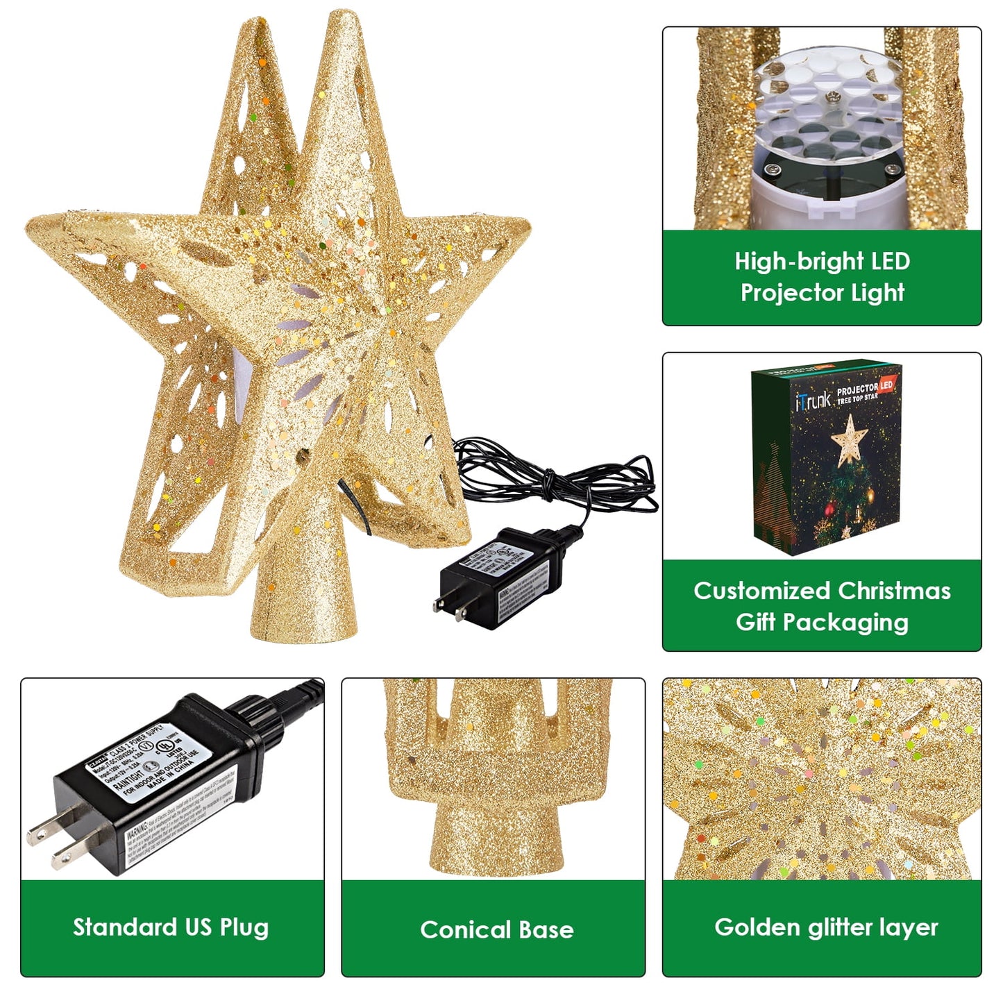 🎀Lighted Star Tree Topper with 3D Rotating Snowflake Projector