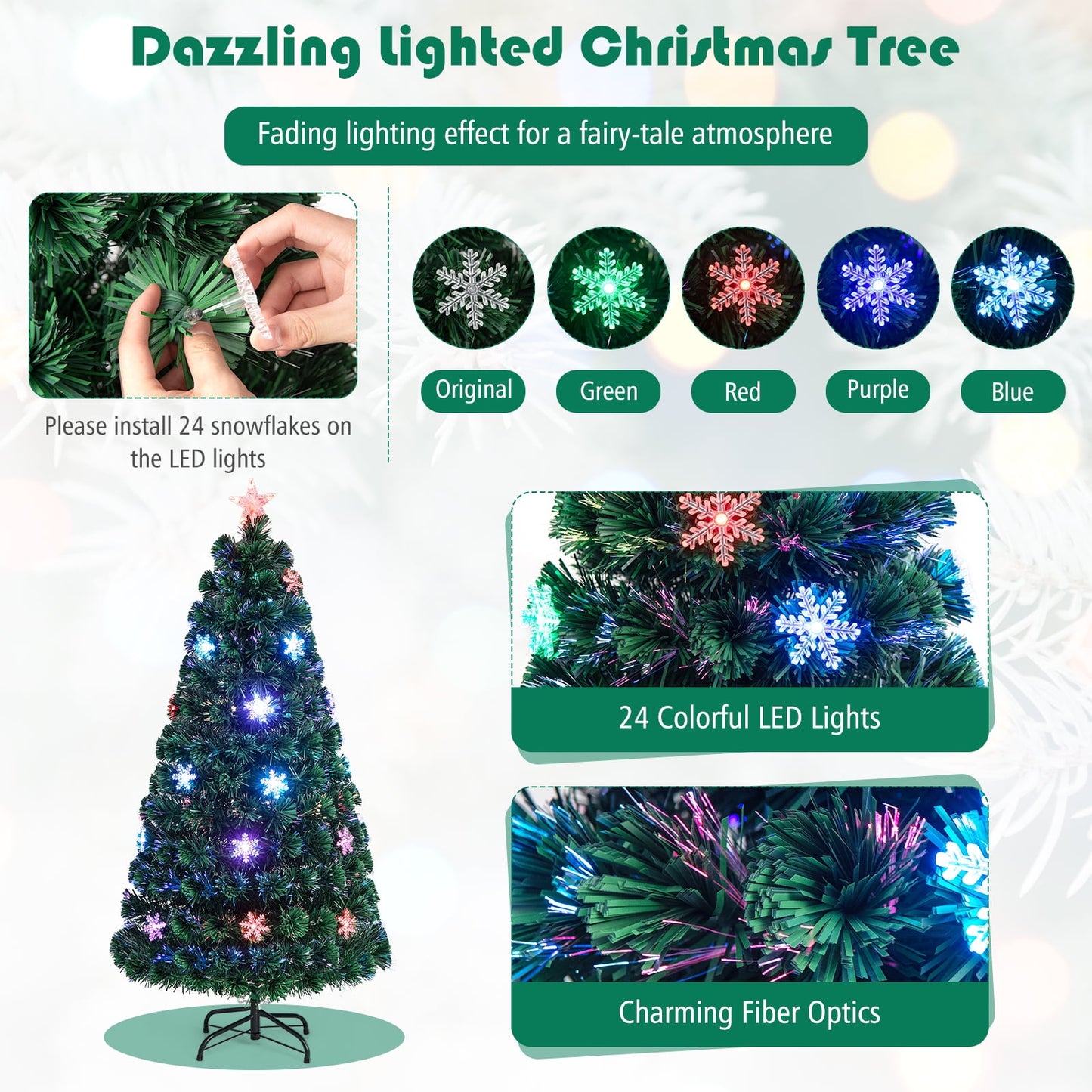 🎀Pre-Lit Fiber Optic Artificial Christmas Tree w/Multicolor Lights Snowflakes