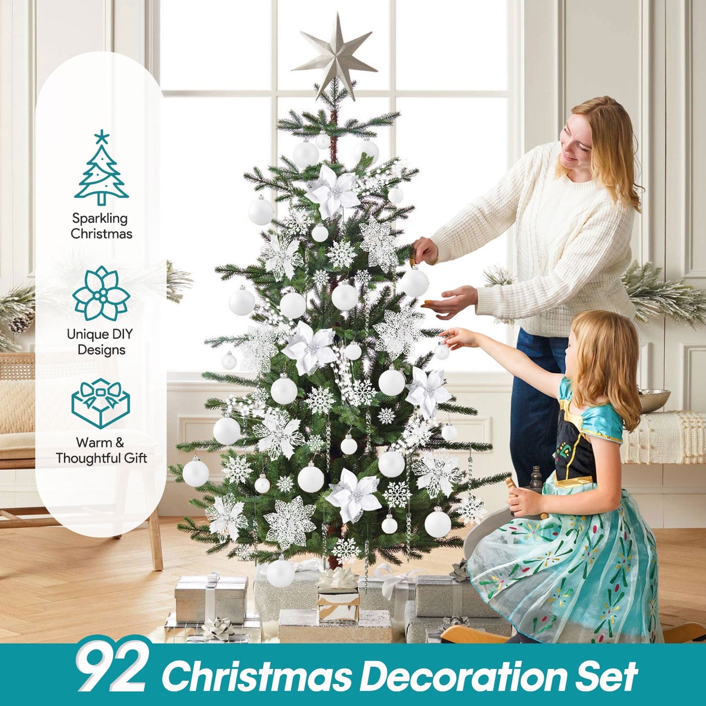 🎀Ayieyill 92pcs Christmas Ornaments with Poinsettia & Glitter Berries